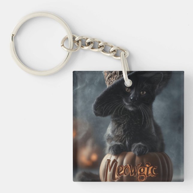 Spooky "Meowgic" Black Cat in a Witch Hat Key Ring (Front)