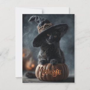 Spooky "Meowgic" Black Cat in a Witch Hat Postcard