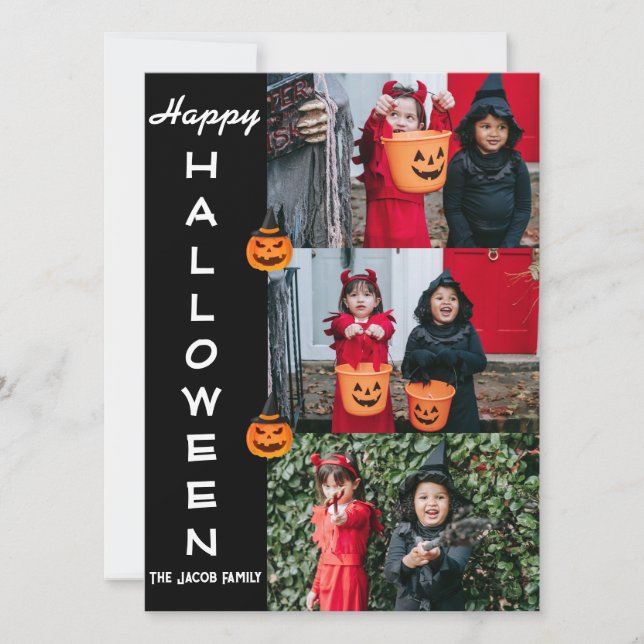 Spooky Modern Halloween Family Three Photo Collage Holiday Card (Front)