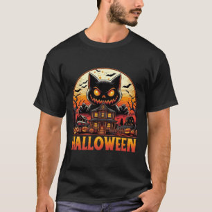 Spooky Monster Cat Haunted House Halloween T-Shirt