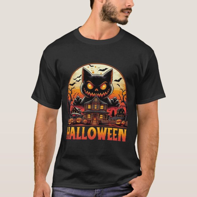 Spooky Monster Cat Haunted House Halloween T-Shirt (Front)