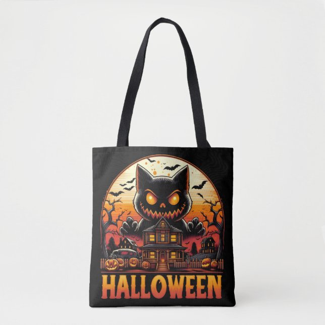 Spooky Monster Cat Haunted House Halloween Tote Bag (Front)