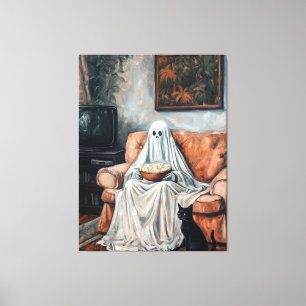 Spooky Movie Night   Ghost and Cat Watching TV Canvas Print