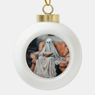 Spooky Movie Night Ghost and Cat Watching TV Ceramic Ball Christmas Ornament