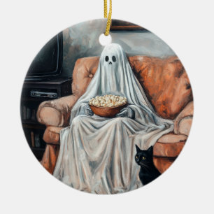 Spooky Movie Night   Ghost and Cat Watching TV Ceramic Tree Decoration