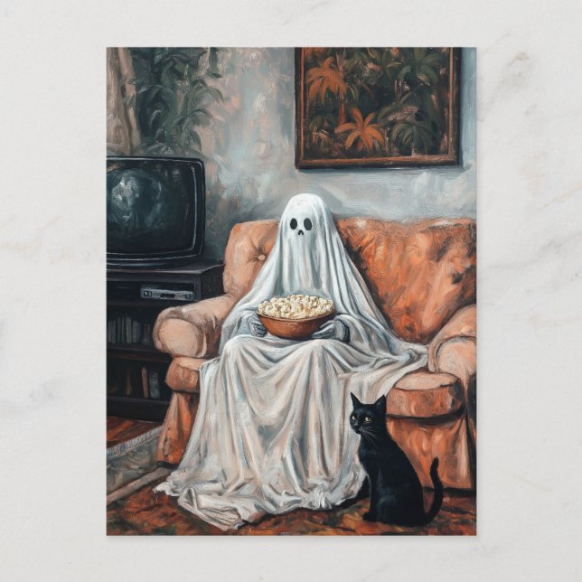 Spooky Movie Night | Ghost and Cat Watching TV Holiday Postcard (Front)