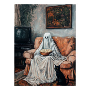 Spooky Movie Night   Ghost and Cat Watching TV Poster