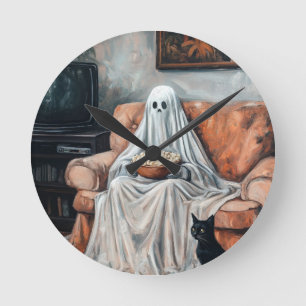Spooky Movie Night   Ghost and Cat Watching TV Round Clock
