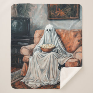 Spooky Movie Night Ghost and Cat Watching TV Sherpa Blanket