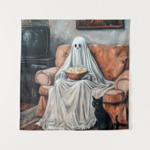 Spooky Movie Night Ghost and Cat Watching TV Tapestry