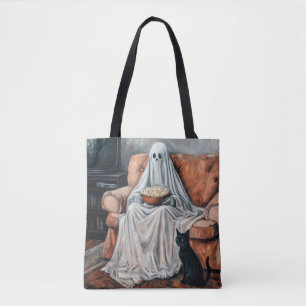 Spooky Movie Night Ghost and Cat Watching TV Tote Bag