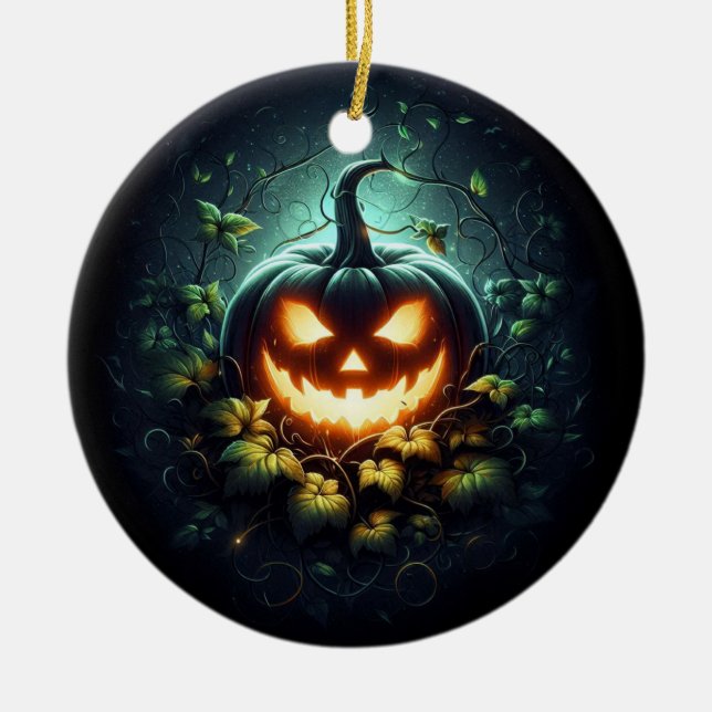 Spooky nature glowing Halloween pumpkin Ceramic Tree Decoration (Front)