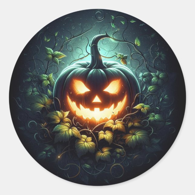 Spooky nature glowing Halloween pumpkin Classic Round Sticker (Front)