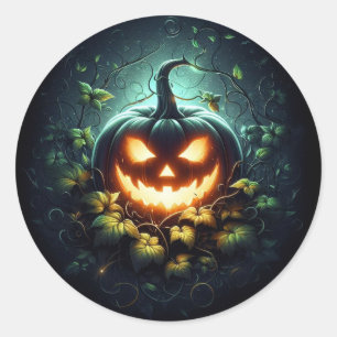 Spooky nature glowing Halloween pumpkin Classic Round Sticker