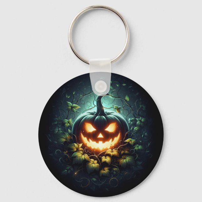 Spooky nature glowing Halloween pumpkin Key Ring (Front)