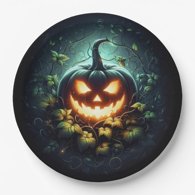 Spooky nature glowing Halloween pumpkin Paper Plate (Front)