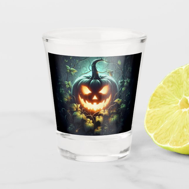 Spooky nature glowing Halloween pumpkin Shot Glass (Front)