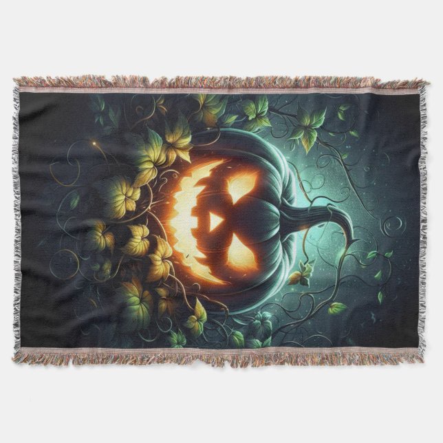 Spooky nature glowing Halloween pumpkin Throw Blanket (Front)