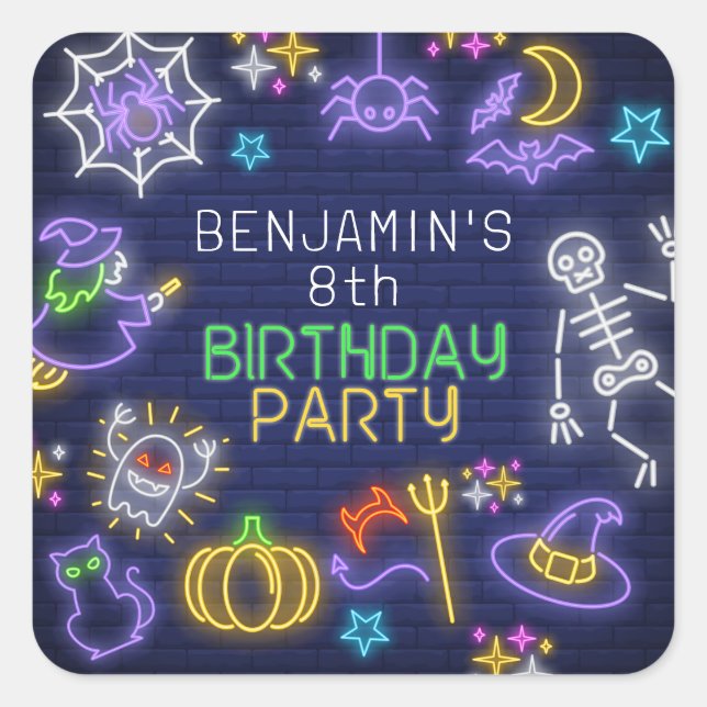 Spooky Neon Any Age Halloween Birthday Square Sticker (Front)