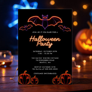 Spooky Neon Bat Pumpkin Halloween Party Invitation