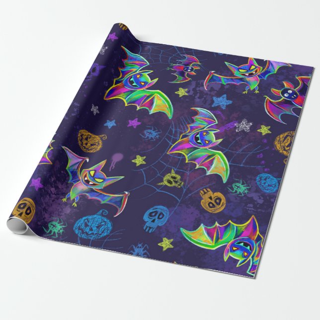 Spooky neon Halloween design bats colourful trendy Wrapping Paper (Unrolled)