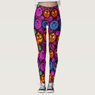 Spooky Neon Jack-o'-Lantern Halloween Blue Skulls Leggings