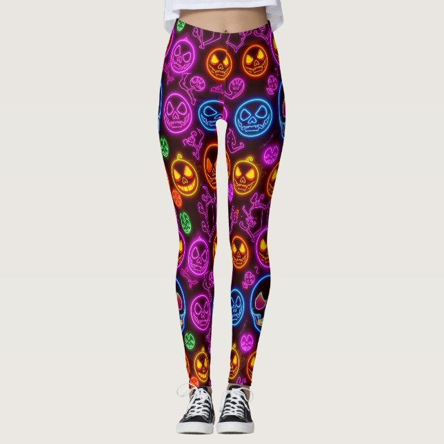 Spooky Neon Jack-o'-Lantern Halloween Blue Skulls Leggings (Front)