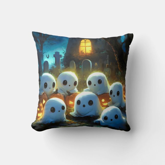 Spooky Night Cemetery Cute Halloween Ghost Cushion (Front)