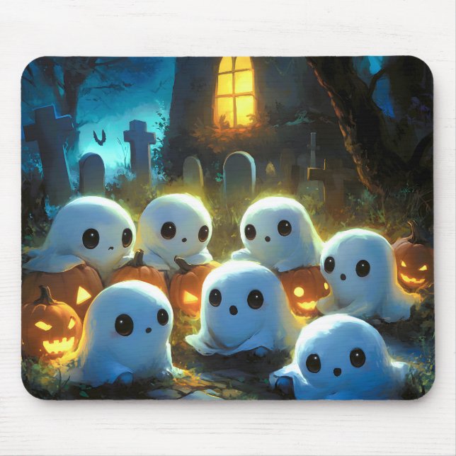 Spooky Night Cemetery Cute Halloween Ghost Mouse Mat (Front)