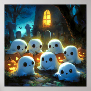 Spooky Night Cemetery Cute Halloween Ghost Poster
