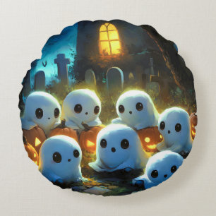 Spooky Night Cemetery Cute Halloween Ghost Round Cushion