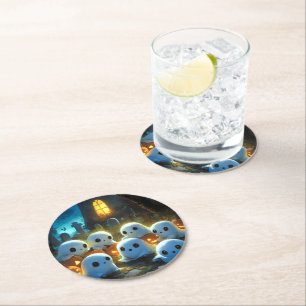 Spooky Night Cemetery Cute Halloween Ghost Round Paper Coaster