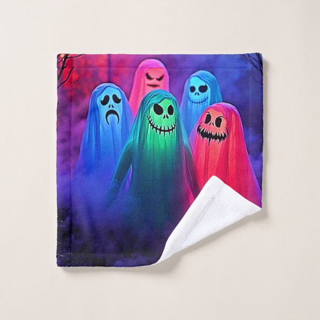 Spooky Night of Colourful Ghosts Design Bath Towel Set (Wash Cloth)