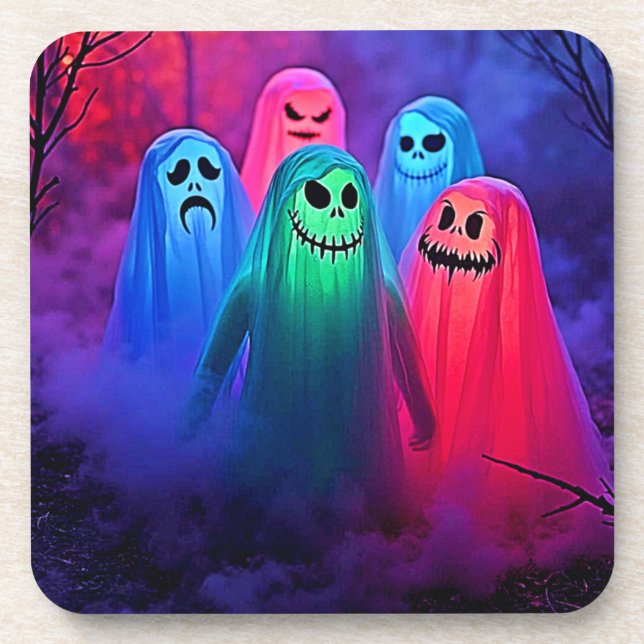 Spooky Night of Colourful Ghosts Design Coaster (Front)