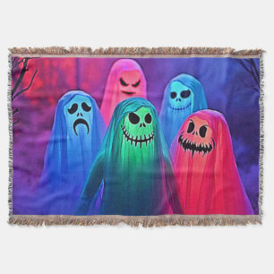 Spooky Night of Colourful Ghosts Design Throw Blanket