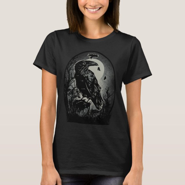 Spooky Night Raven Birds Illustration T-Shirt (Front)
