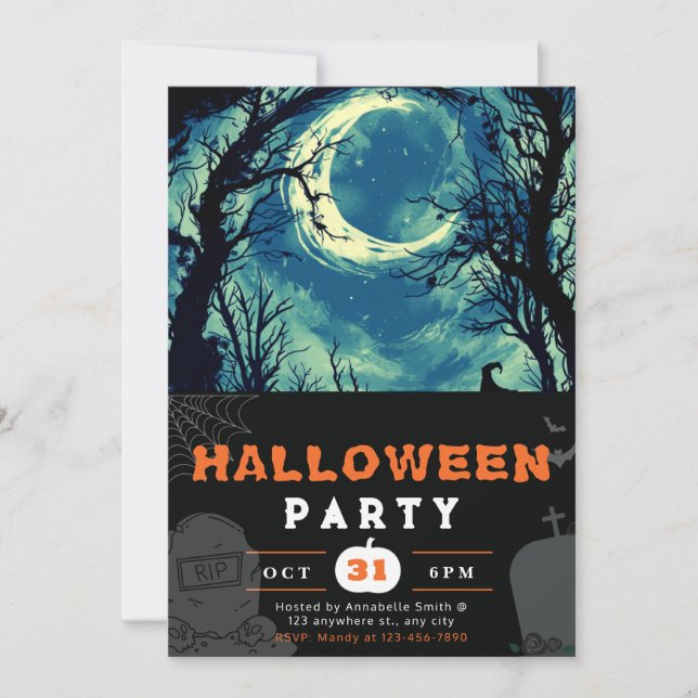 Spooky Night Sky Crescent Moon Halloween Invitation (Front)