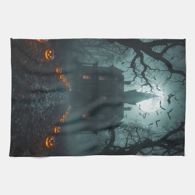 Spooky Night with Jack-o'-Lanterns Tea Towel (Horizontal)