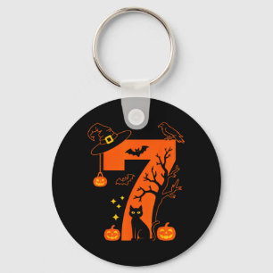 Spooky Number 7 Halloween Black Cat Design For Cat Key Ring