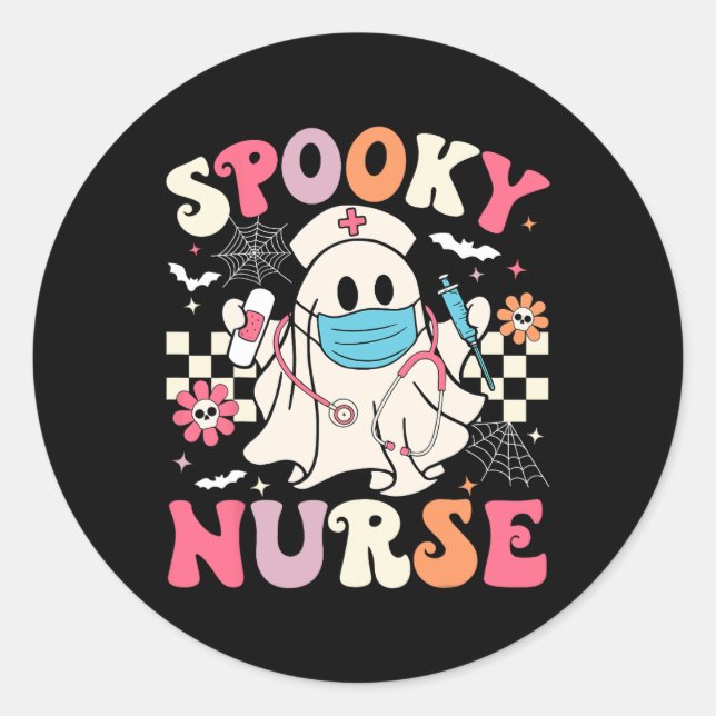 Spooky Nurse Ghost Halloween Cute Groovy Nursing H Classic Round Sticker (Front)
