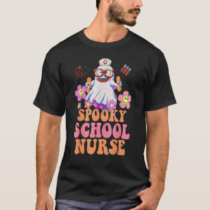 Spooky Nurse Ghost Retro Groovy Flower School Nurs T-Shirt