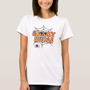 Spooky Nurse retro Halloween spider web ghosts T-Shirt