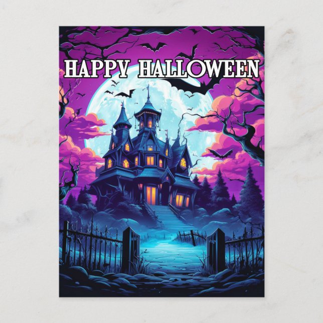 Spooky Old Haunted House Halloween Postcard (Front)