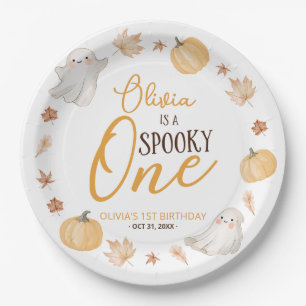 Spooky One 1st Birthday Cute Ghost Fall Leaves Paper Plate
