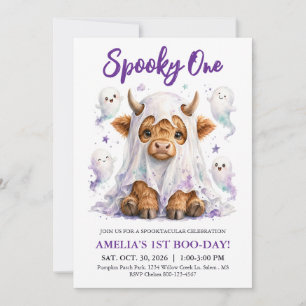 Spooky One 1st Birthday Halloween Highland Cow Invitation