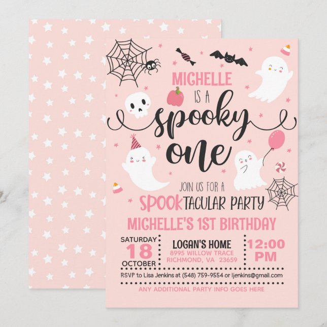 Spooky One Birthday Invitation - Girl (Pink) (Front/Back)