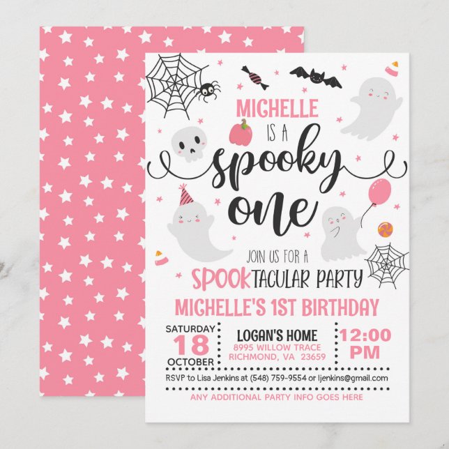 Spooky One Birthday Invitation - Girl (Wh/Pink) (Front/Back)