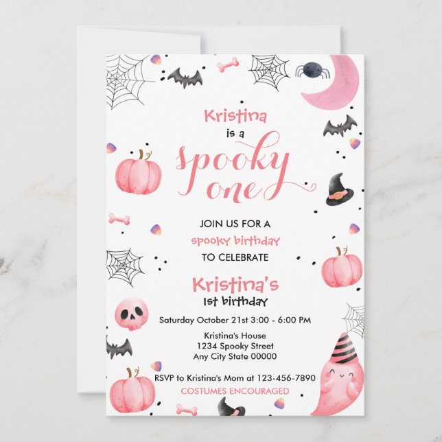 Spooky One Birthday Pink Ghost  Invitation (Front)