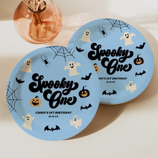 Spooky One Blue Halloween 1st Birthday Party Paper Plate (Creator Uploaded)