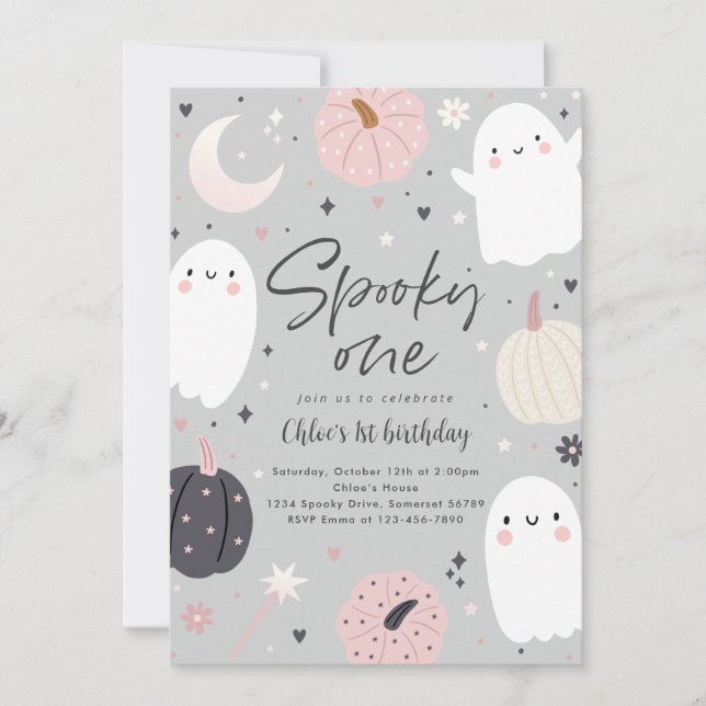Spooky One Boho Halloween Ghost 1st Birthday Party Invitation (Front)